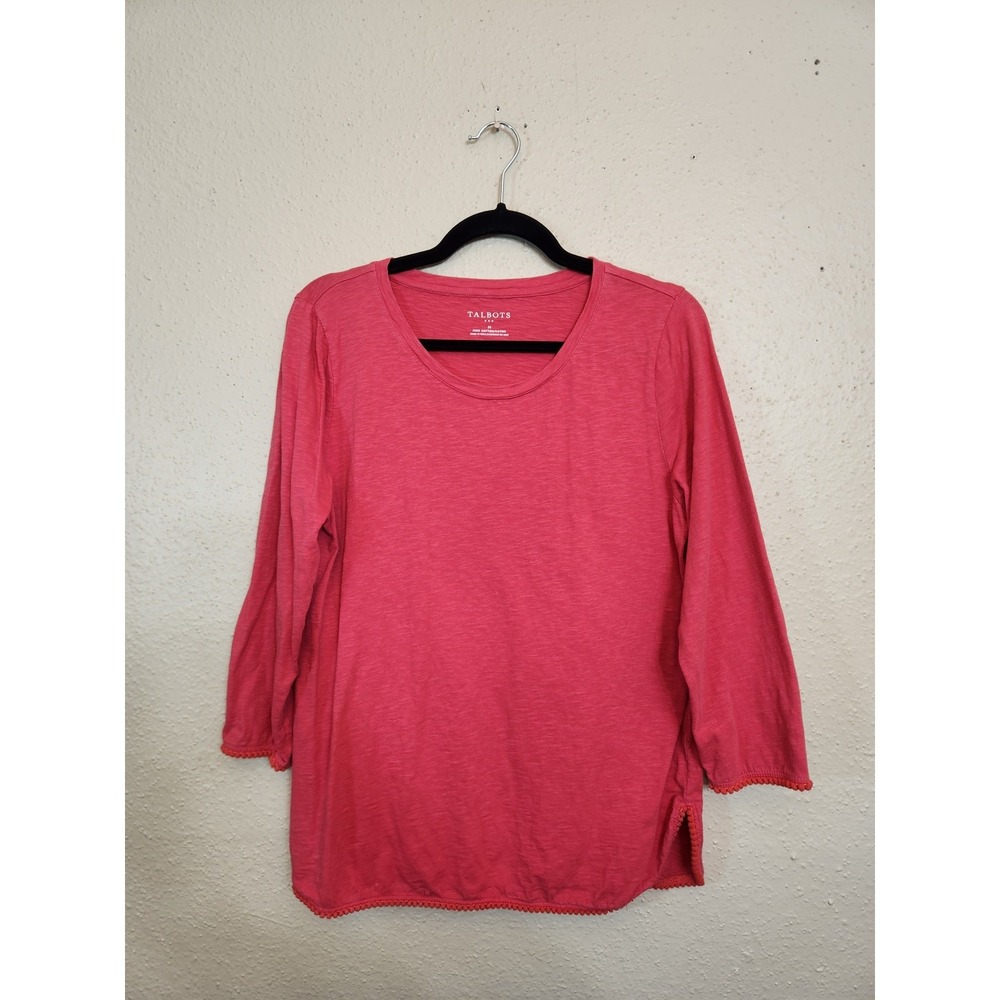 Talbots Womens Medium Pink T-Shirt Slub Knit Pom Pom Trim 3/4 Sleeve Scoop Neck